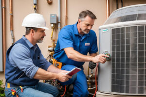 professional technicians repairing heat pump